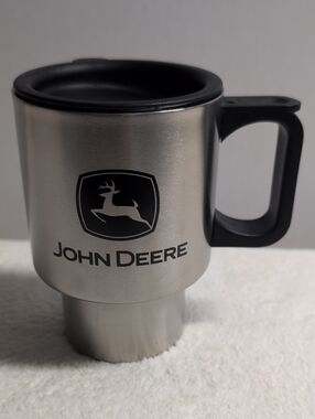 John Deere Silver Travel Mug with Black Logo and Handle